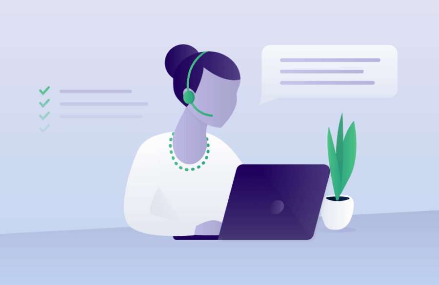 Illustration of a person with a headset using a laptop, with checkmarks and a speech bubble in the background. A small potted plant is on the desk.