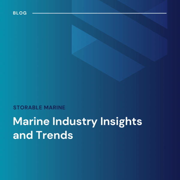 A blue gradient graphic with geometric shapes features the text "Storable Marine: Marine Industry Insights and Trends" and a "Blog" heading at the top.
