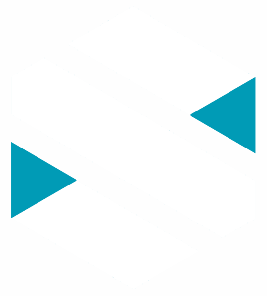 A geometric design with two white parallelograms outlined in grey, intersecting with two smaller turquoise triangles set against a light grey background.