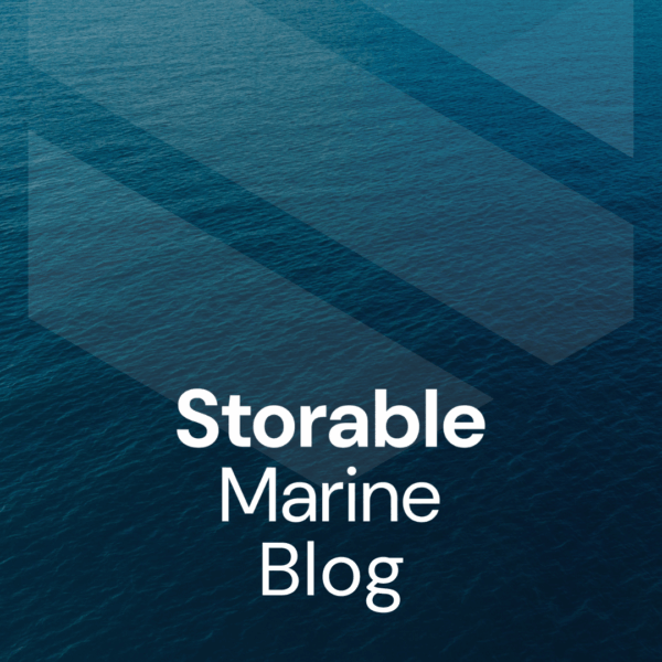 Blue ocean water with geometric design overlay and the text "Storable Marine Blog" in white bold and regular fonts.