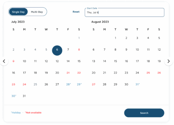 A calendar interface displays July and August 2023, with July 6 selected as the start date. "Single Day" is chosen and a "Search" button is visible at the bottom.
