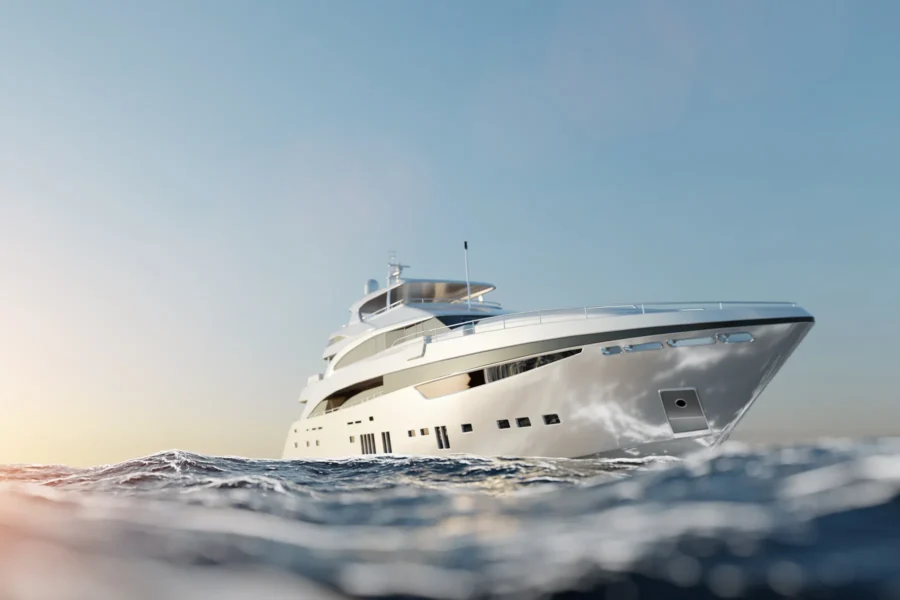 A large white yacht cruises through calm ocean waters under a clear sky, with sunlight reflecting off the waves.