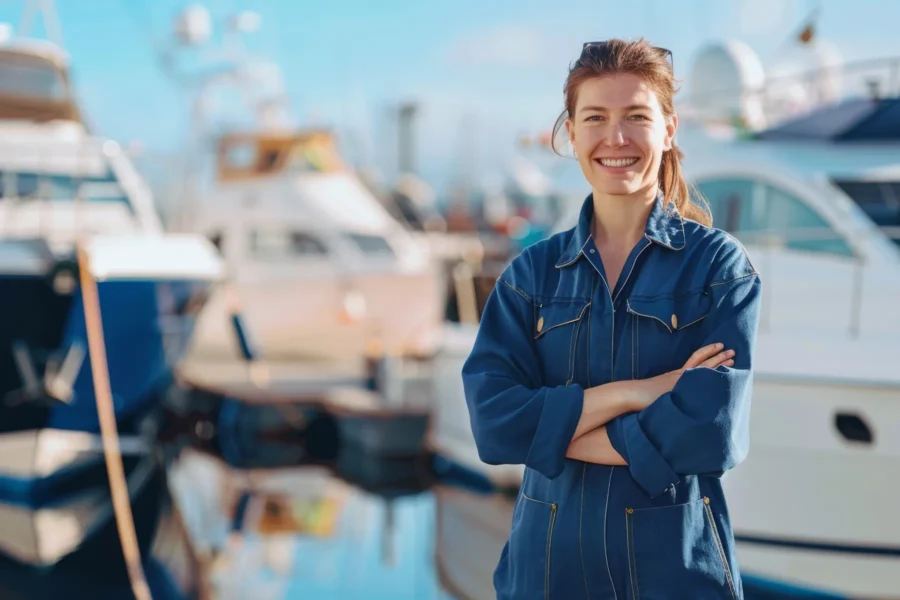 A woman in a blue work jumpsuit stands with arms crossed, smiling in front of several docked boats at a marina.
