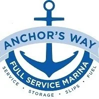 Logo for Anchor’s Way Full Service Marina featuring a blue anchor and circular text listing service, storage, slips, and fuel.