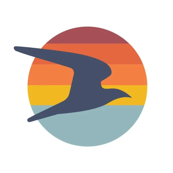 Stylized silhouette of a flying bird in front of a circle with horizontal stripes in shades of red, orange, yellow, and blue.