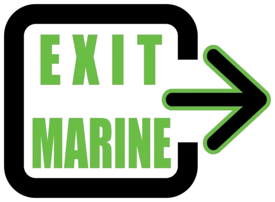 Green and black sign with the words "EXIT MARINE" and a large arrow pointing to the right.
