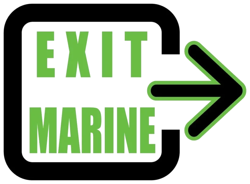 Green and black sign with the words "EXIT MARINE" and a large arrow pointing to the right.