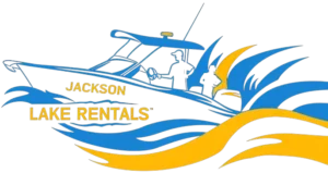 Logo for Jackson Lake Rentals featuring a stylized blue and yellow speedboat with two people and bold yellow text.