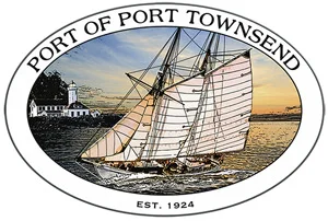 Oval logo for the Port of Port Townsend showing a sailing ship on the water at sunset with a lighthouse in the background; text reads "Est. 1924".