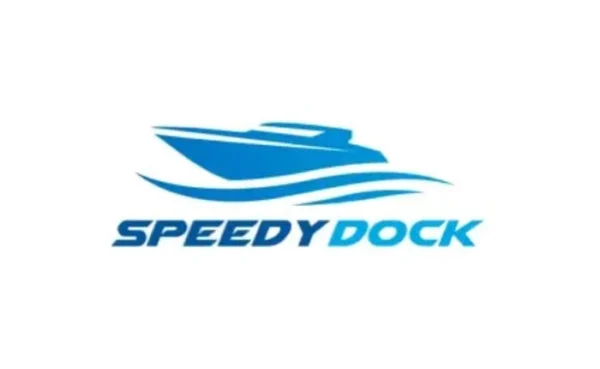 Logo featuring a blue speedboat above stylized waves with the text "SPEEDYDOCK" in blue gradient letters below.