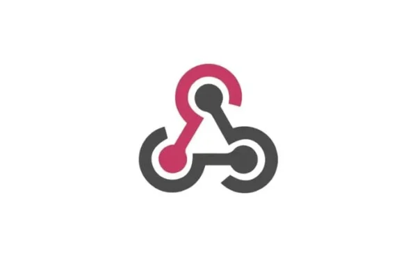 A stylized icon featuring three connected circles with curved lines in black and dark pink, forming a triangular shape on a white background.