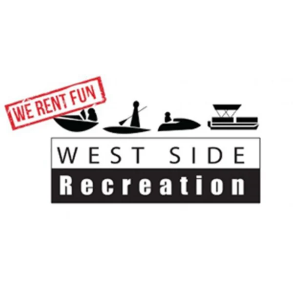 Logo for West Side Recreation with silhouettes of watercraft and people. Text reads "WE RENT FUN" and "West Side Recreation.