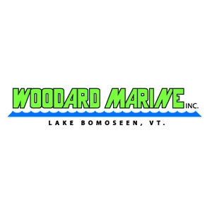 Woodard Marine Inc. logo with green text outlined in black above a blue wave graphic and “Lake Bomoseen, VT.” written below in black.