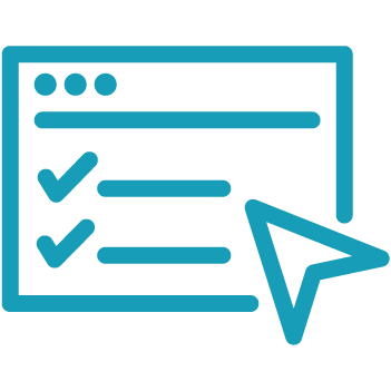 Blue icon of a checklist on a web browser window with three checked items and a large cursor arrow pointing to the right.