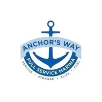 Logo for Anchor's Way Full Service Marina featuring a blue anchor and text listing services—service, storage, slips, fuel—highlighting streamlined operations with marina management software.
