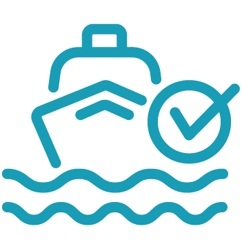 Blue line drawing of a boat on water with a check mark next to it, suggesting approval or verification—ideal for illustrating features of marina management software.