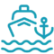 Blue icon of a ship on water with an anchor symbol to the right, depicted in a simple, minimalistic style—perfect for representing boat rental management software.