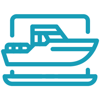 Icon of a motorboat on a platform, depicted with simple blue lines and minimal detail—perfect for illustrating marina operations software.