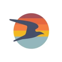 Stylized silhouette of a bird flying in front of a circular background with horizontal stripes in orange, yellow, and blue tones, inspired by the seamless flow of marina management software.