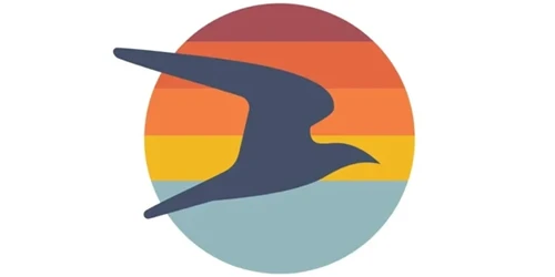 A stylized dark blue bird silhouette flies across a circular background with horizontal stripes in shades of orange, yellow, and light blue.