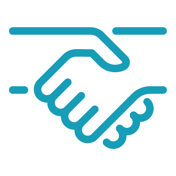 Blue outline icon of two hands shaking, symbolizing agreement, partnership, or collaboration, on a transparent background.