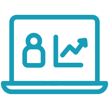 Icon of a laptop screen displaying a user profile symbol and a line graph with an upward trend, representing marina management software.