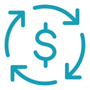 Blue dollar sign surrounded by three circular arrows, representing financial flow or recurring payments.