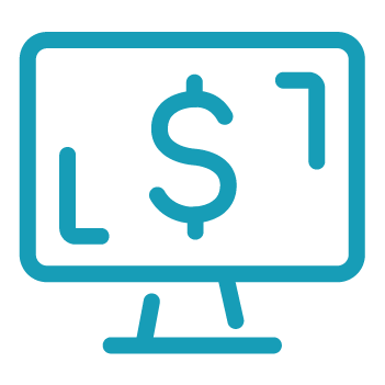Blue line icon of a computer monitor displaying a large dollar sign in the center, representing online payments or financial transactions in marina operations software.