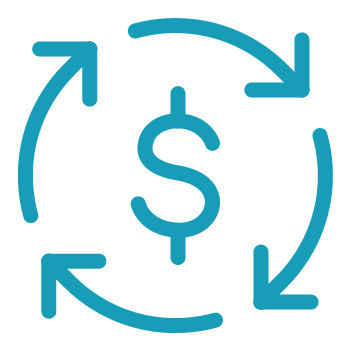 Blue dollar sign surrounded by three circular arrows, representing financial flow or recurring payments.