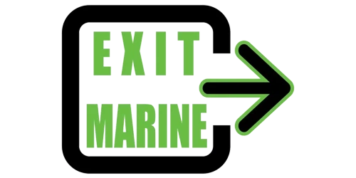 Logo with the words "EXIT MARINE" in green, placed inside a black square outline with a large green and black arrow pointing to the right.