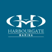 Harbourgate Marina logo featuring stylized white letters and a bird graphic on a blue background, reflecting innovation in marina management software.