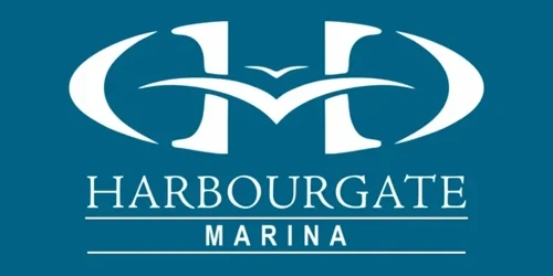 Harbourgate Marina logo with stylized white "H" and bird graphic on a blue background, and the words "HARBOURGATE MARINA" below.