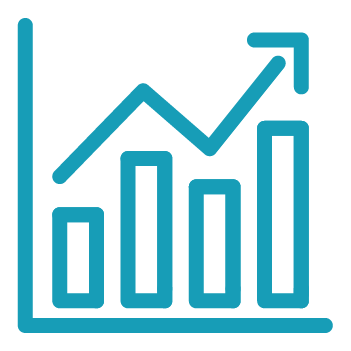 Blue icon of a bar chart with an upward trending line and arrow, representing growth or increasing data values.