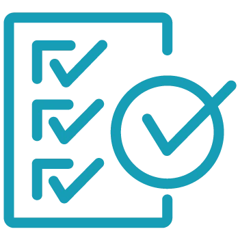 Blue icon of a checklist with three check marks on a sheet and a large overlapping circle containing a check mark, representing features of marina management software.