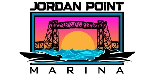 Logo for Jordan Point Marina featuring a sunset, a bridge, stylized blue waves, and two boats, with "Jordan Point Marina" written above and below—perfect for brands highlighting boat rental management software.