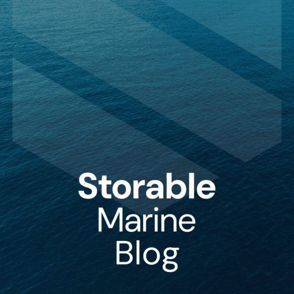 Blue ocean water with geometric design overlay and the text "Storable Marine Blog" in white bold and regular fonts.
