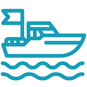 Simple blue line drawing of a boat with a flag sailing on water, shown by three wavy lines below the boat—perfect for illustrating marina management software features.