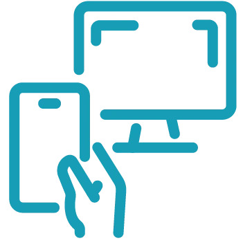 Blue outline of a hand holding a smartphone in front of a computer monitor, representing connectivity or interaction between mobile and desktop devices—ideal for managing boat slip management software from anywhere.