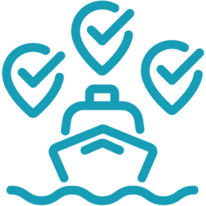 Icon of a ship on water with three check-marked map pin symbols above it, representing verified or approved locations related to maritime transport and marina management software.
