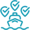Icon of a ship on water with three check-marked map pin symbols above it, representing verified or approved locations related to maritime transport and marina management software.