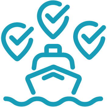 Icon of a ship on water with three check-marked map pin symbols above it, representing verified or approved locations related to maritime transport and marina management software.