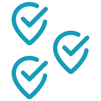Three blue map pin icons with check marks inside, arranged diagonally on a transparent background, symbolize efficient location tracking with marina operations software.