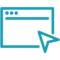 Simple blue line drawing of a web browser window with a large cursor arrow pointing toward it, symbolizing easy access to marina management software.