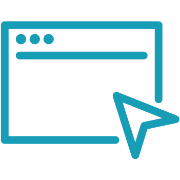 Simple blue line drawing of a web browser window with a large cursor arrow pointing toward it, symbolizing easy access to marina management software.