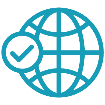 Blue globe icon with a check mark inside a circle overlaying the left side, representing global approval or internet verification.