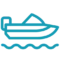 Blue line drawing of a motorboat on water, shown in profile with waves beneath the boat—a perfect icon for boat rental management software.