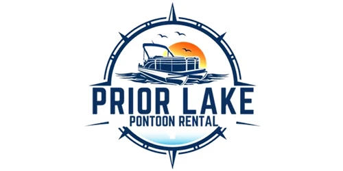 Logo for "Prior Lake Pontoon Rental" featuring a pontoon boat on water with a sunset, birds, and a compass design—perfect for showcasing your boat rental management software.