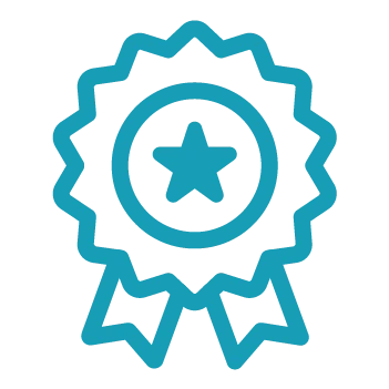 Blue outline icon of an award ribbon with a star in the center and two tails at the bottom, symbolizing excellence in marina management software.