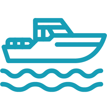 Simple blue line drawing of a motorboat on water with stylized waves below the boat, capturing the essence of marina management software in a clean, modern style.
