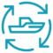 Blue icon of a boat surrounded by three circular arrows, symbolizing recycling or a continuous cycle in marina operations software.